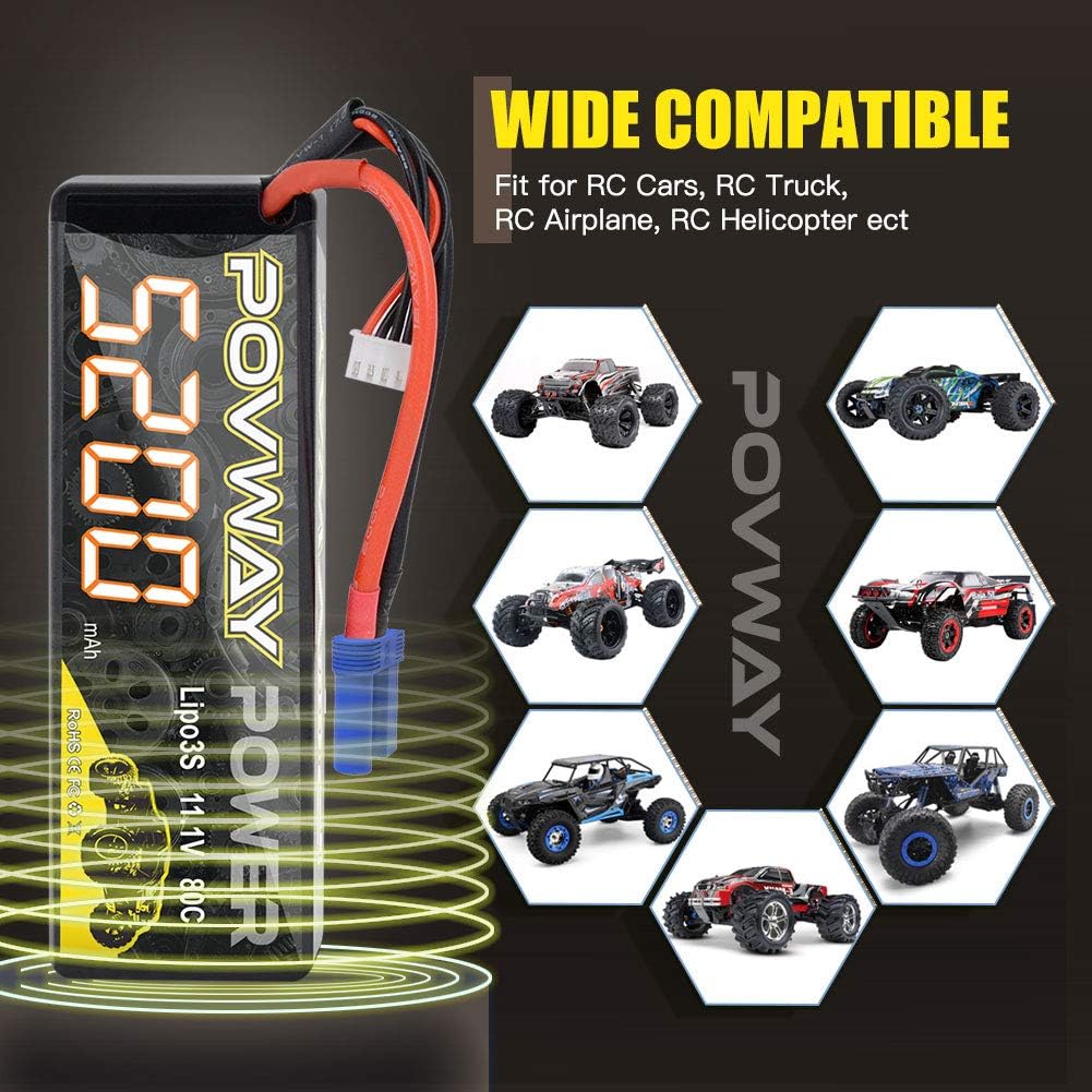 3S Lipo Battery 11.1V 50C 5200mAh Hardcase RC Battery with T Plug- 2 Pack