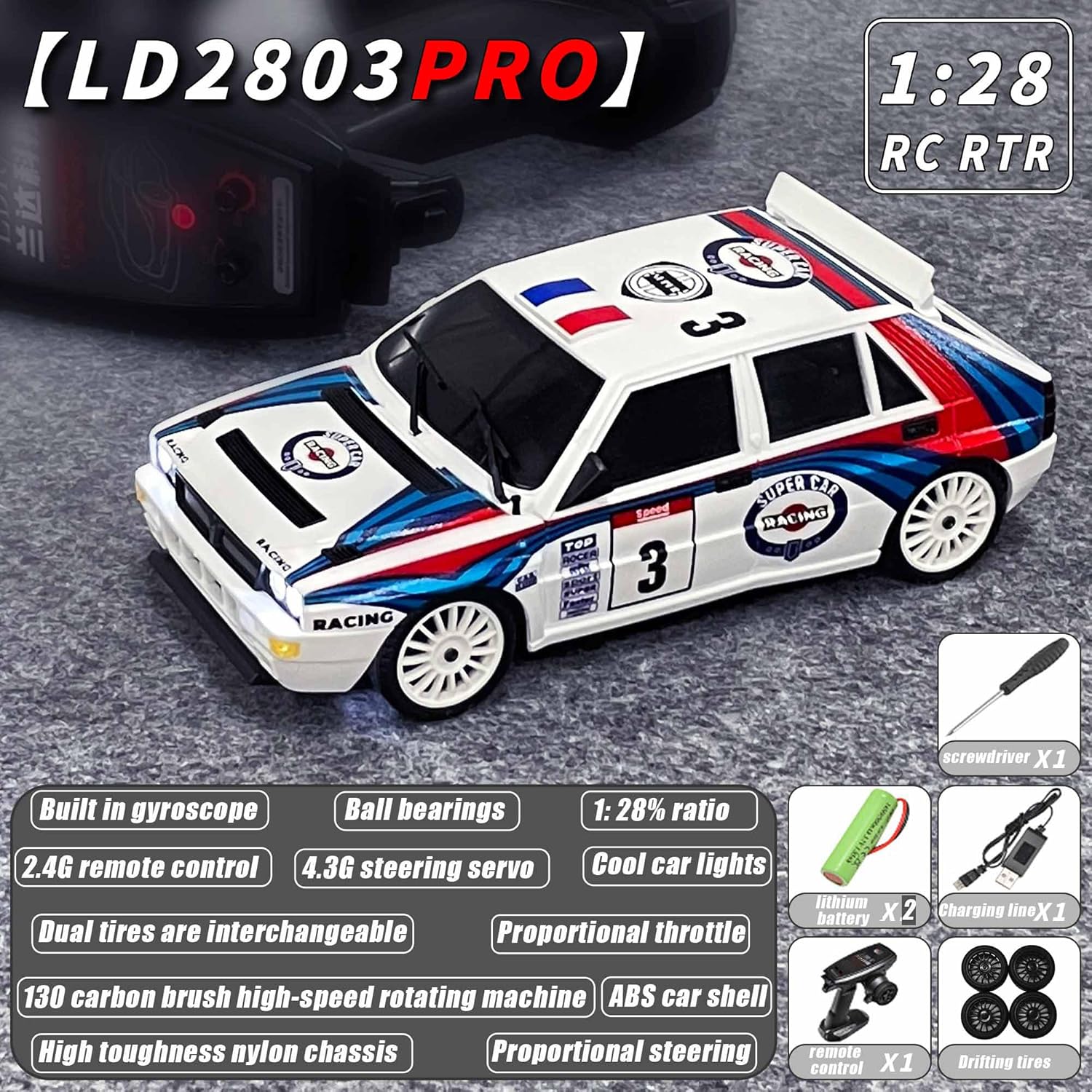 LDRC 2803PRO 1/28 Mini RC Drift Car GTR 2.4GHz 4WD RTR with Gyro Radio Control Cars (White)