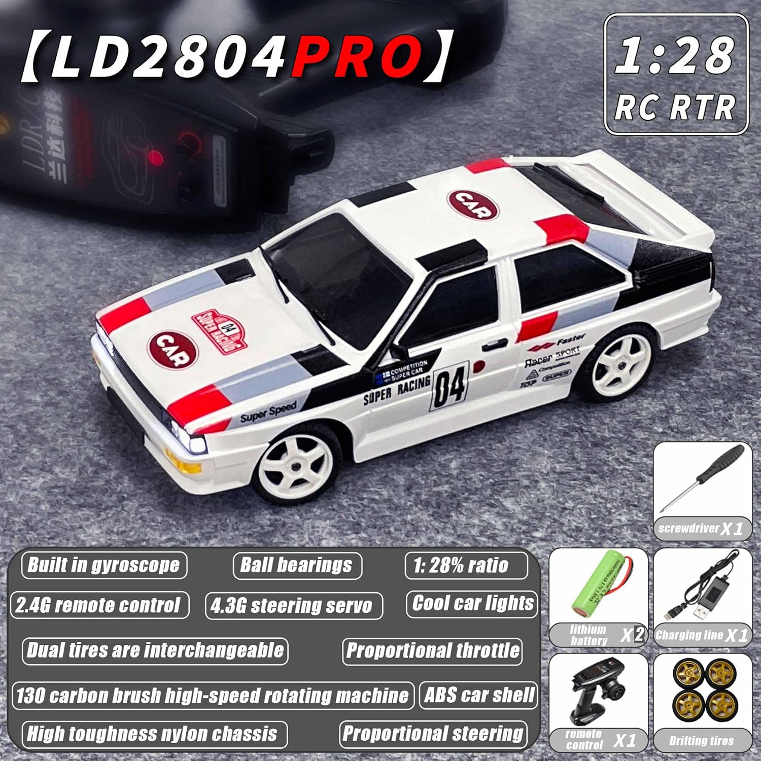 LDRC 2804PRO 1/28 Mini RC Drift Car GTR 2.4GHz 4WD RTR with Gyro Radio Control Cars (White)