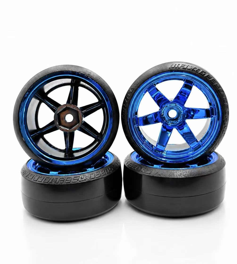 Plating 6-Spoke 12mm Hub Wheel Rims with Hard Plastic Tires for RC 1:10 Drift Car Blue